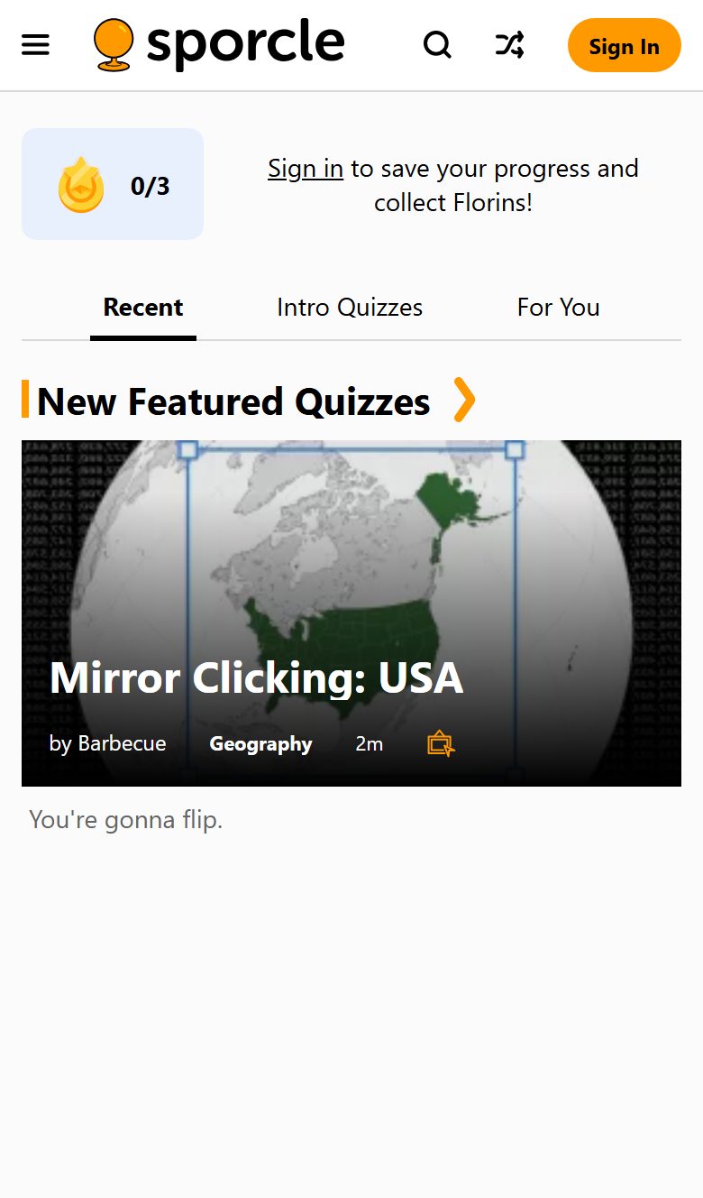 Sporcle screenshot: Playing on mobile