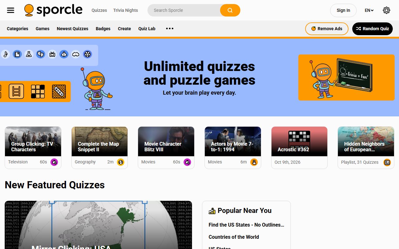 Sporcle screenshot: Quiz home