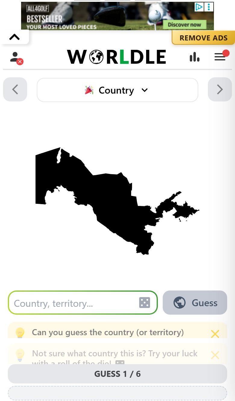 Worldle screenshot: Playing on mobile